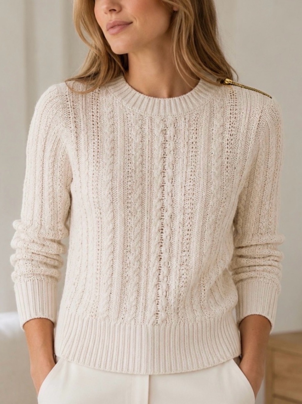 ❤️ J.Crew Cream Cable-Knit Crewneck Sweater with Golden zipper